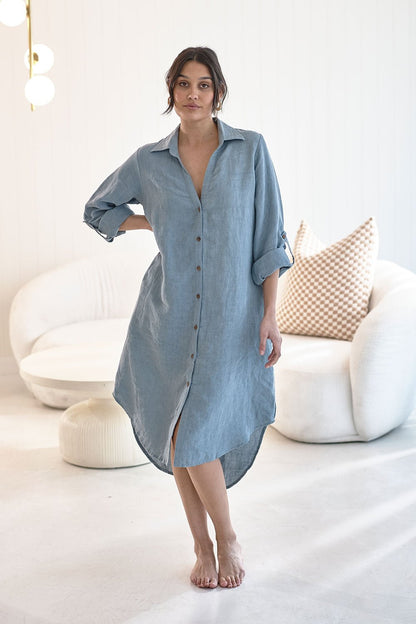 Linen Shirt Dress - Blue - Eadie Lifestyle