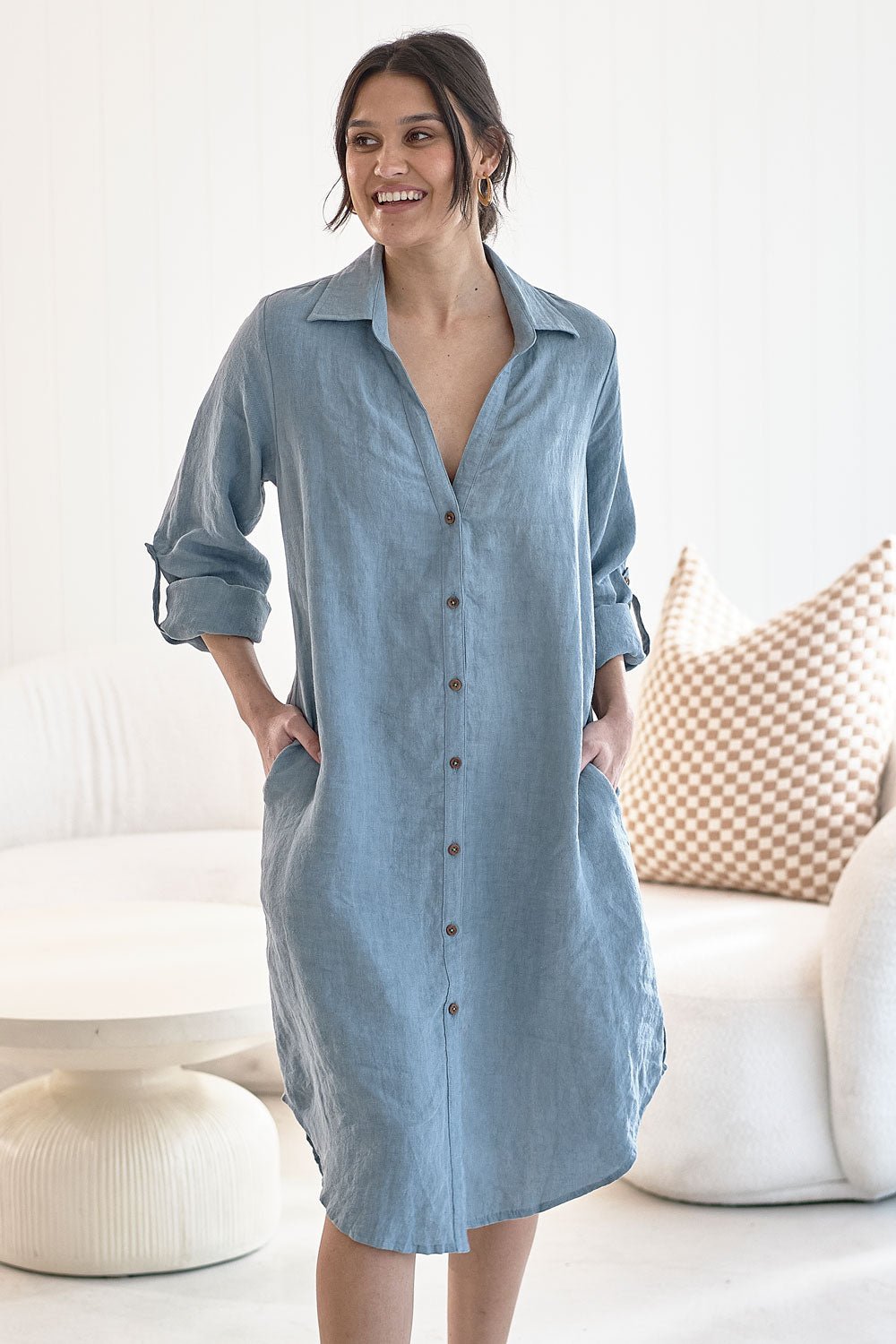 Linen Shirt Dress - Blue - Eadie Lifestyle