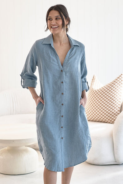 Fundamental Linen Shirt Dress - Blue – Eadie Lifestyle