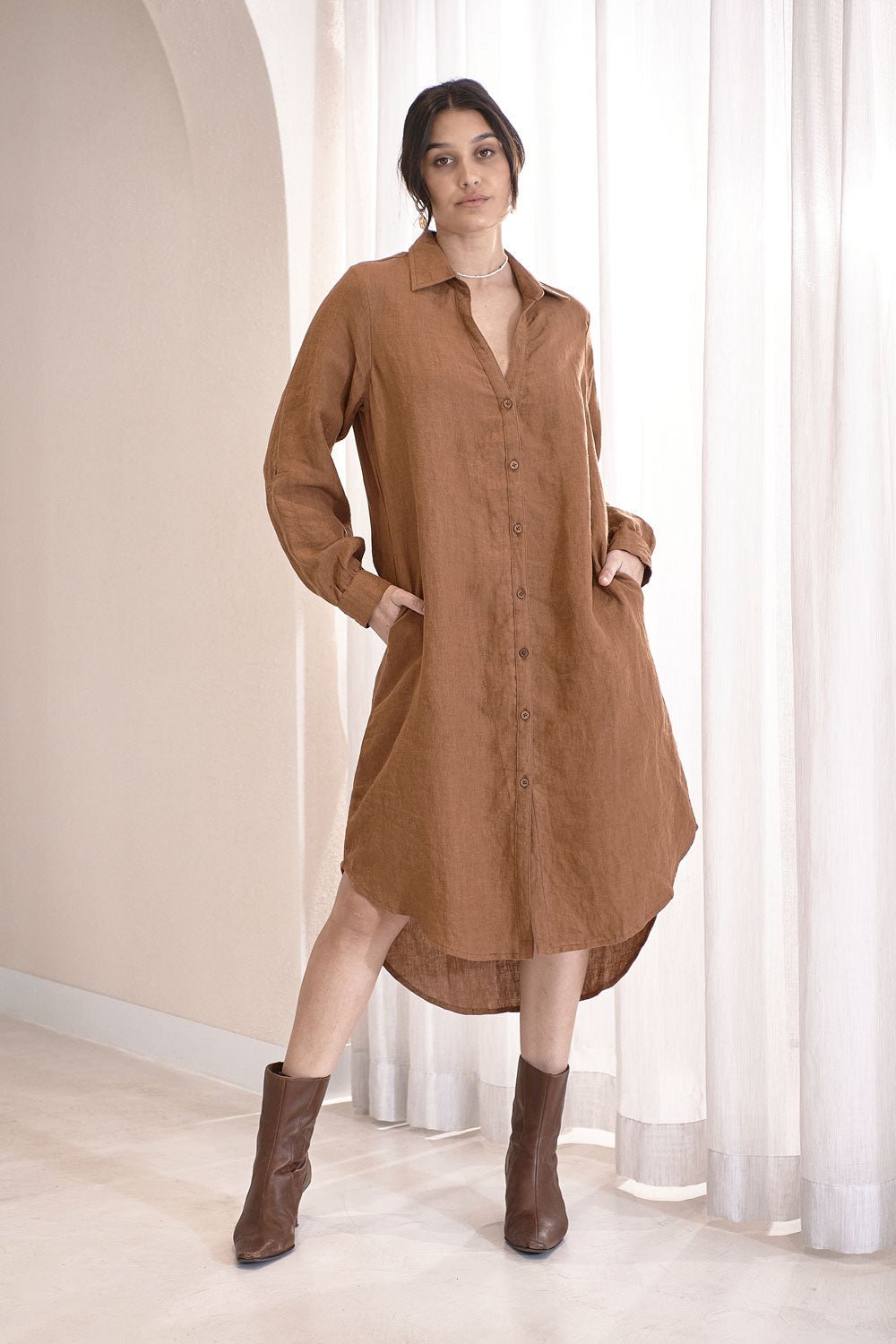 Linen Shirt Dress - Nutmeg - Eadie Lifestyle
