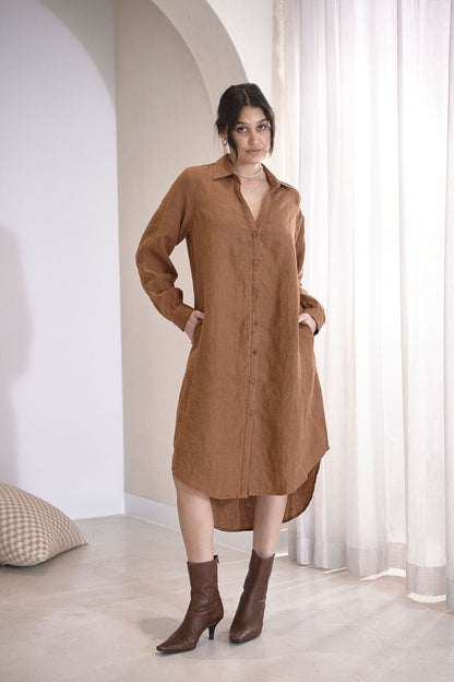 Linen Shirt Dress - Nutmeg - Eadie Lifestyle
