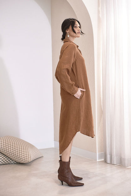 Linen Shirt Dress - Nutmeg - Eadie Lifestyle