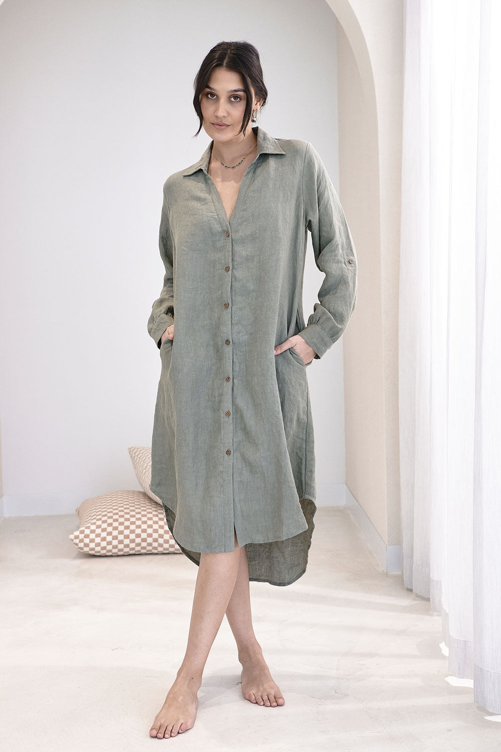 Fundamental Linen Shirt Dress - Pistachio Eadie Lifestyle Fundamental Linen Shirt Dress - Pistachio Eadie Lifestyle