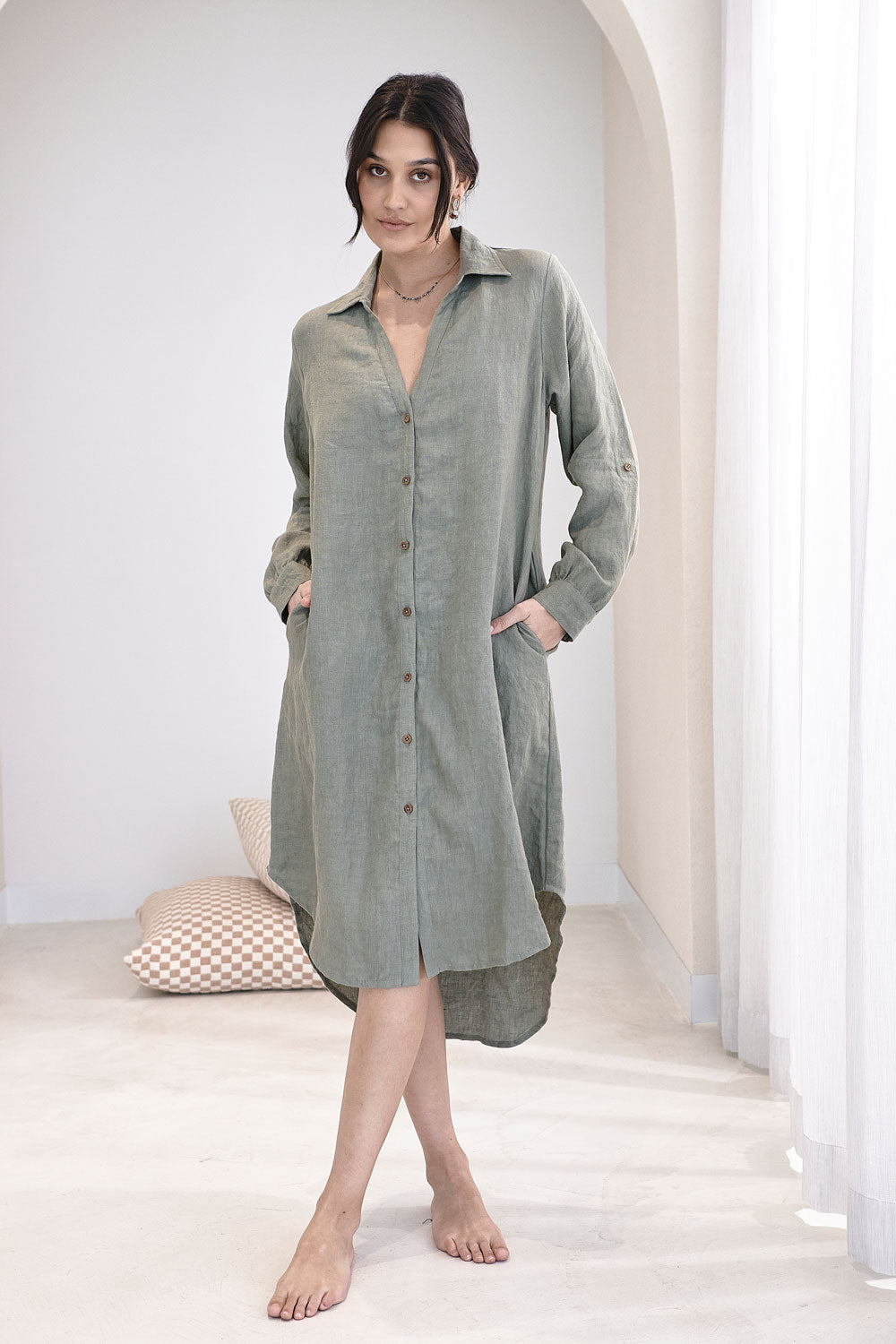Linen Shirt Dress - Pistachio  - Eadie Lifestyle