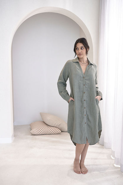 Linen Shirt Dress - Pistachio  - Eadie Lifestyle