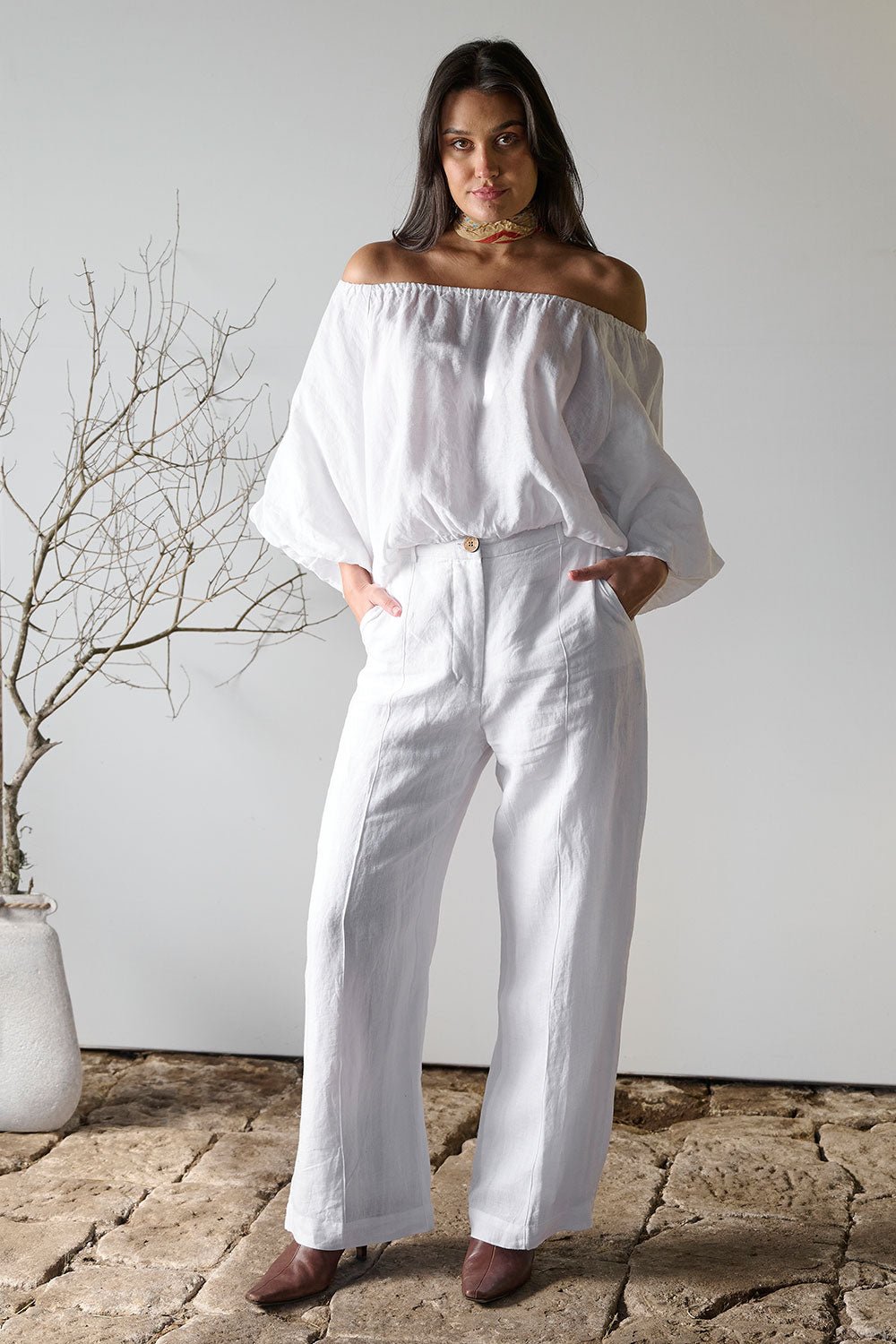 Linen Tailored Pants - White - Eadie Lifestyle