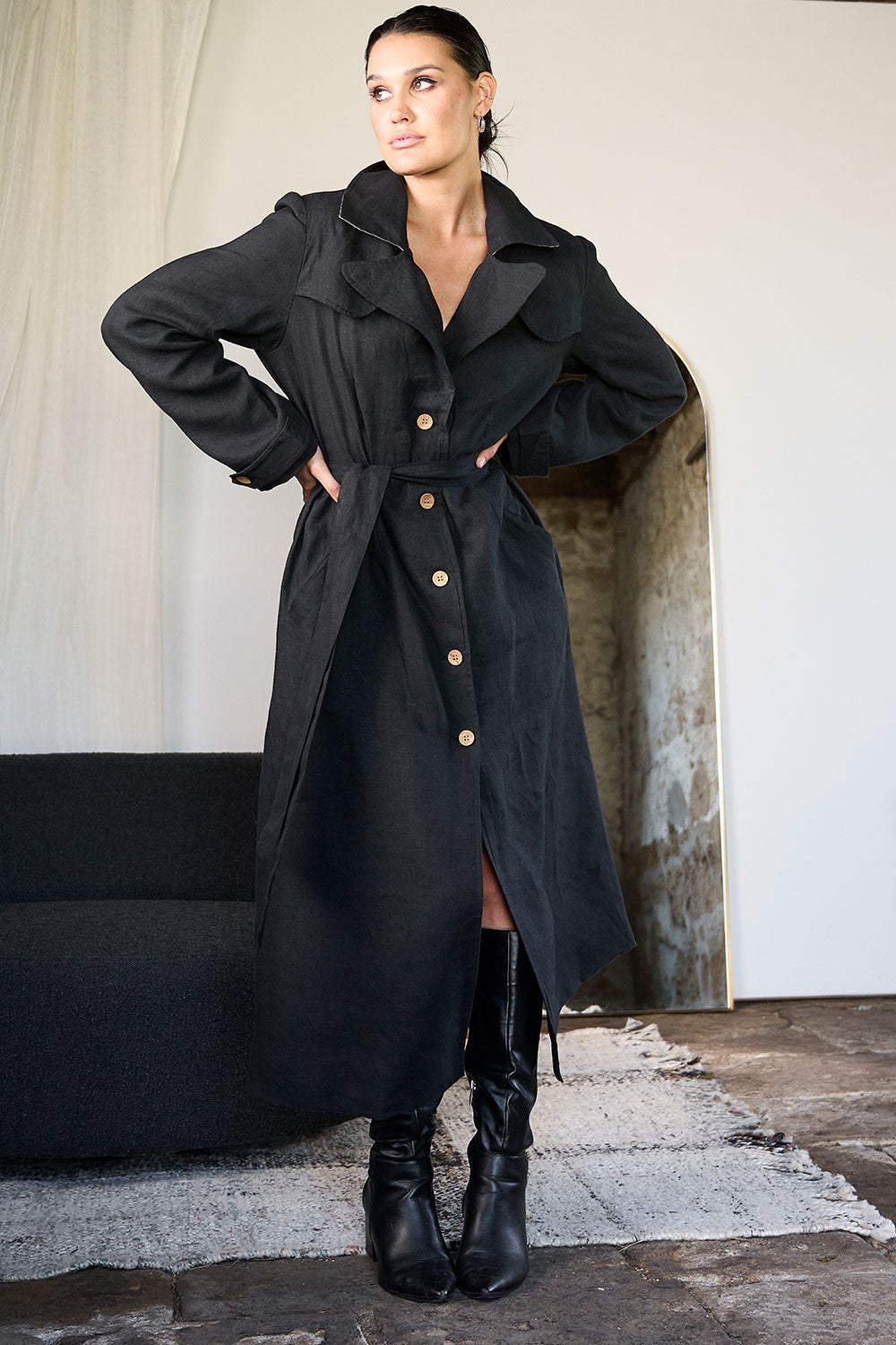 Linen Trench Coat - Black - Eadie Lifestyle