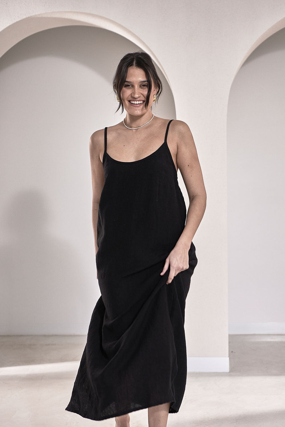 Midi Linen Slip Dress - Black  - Eadie Lifestyle