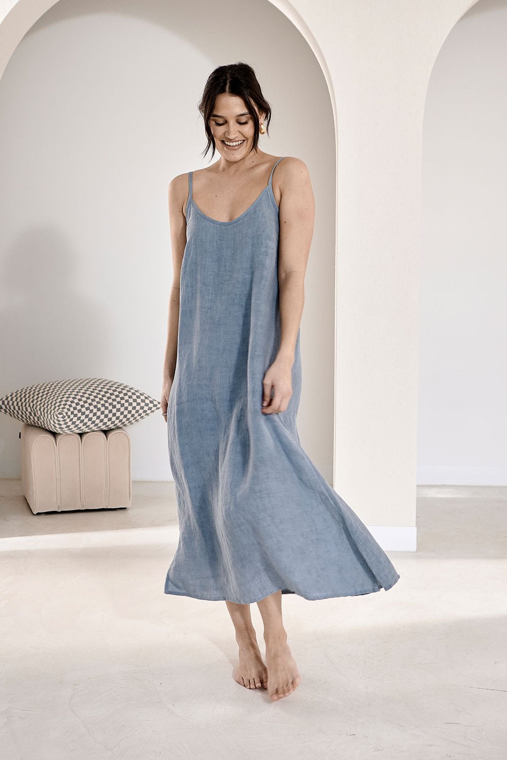 Midi Linen Slip Dress - Blue  - Eadie Lifestyle