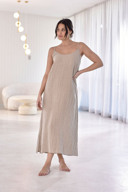 Midi Linen Slip Dress - Natural  - Eadie Lifestyle