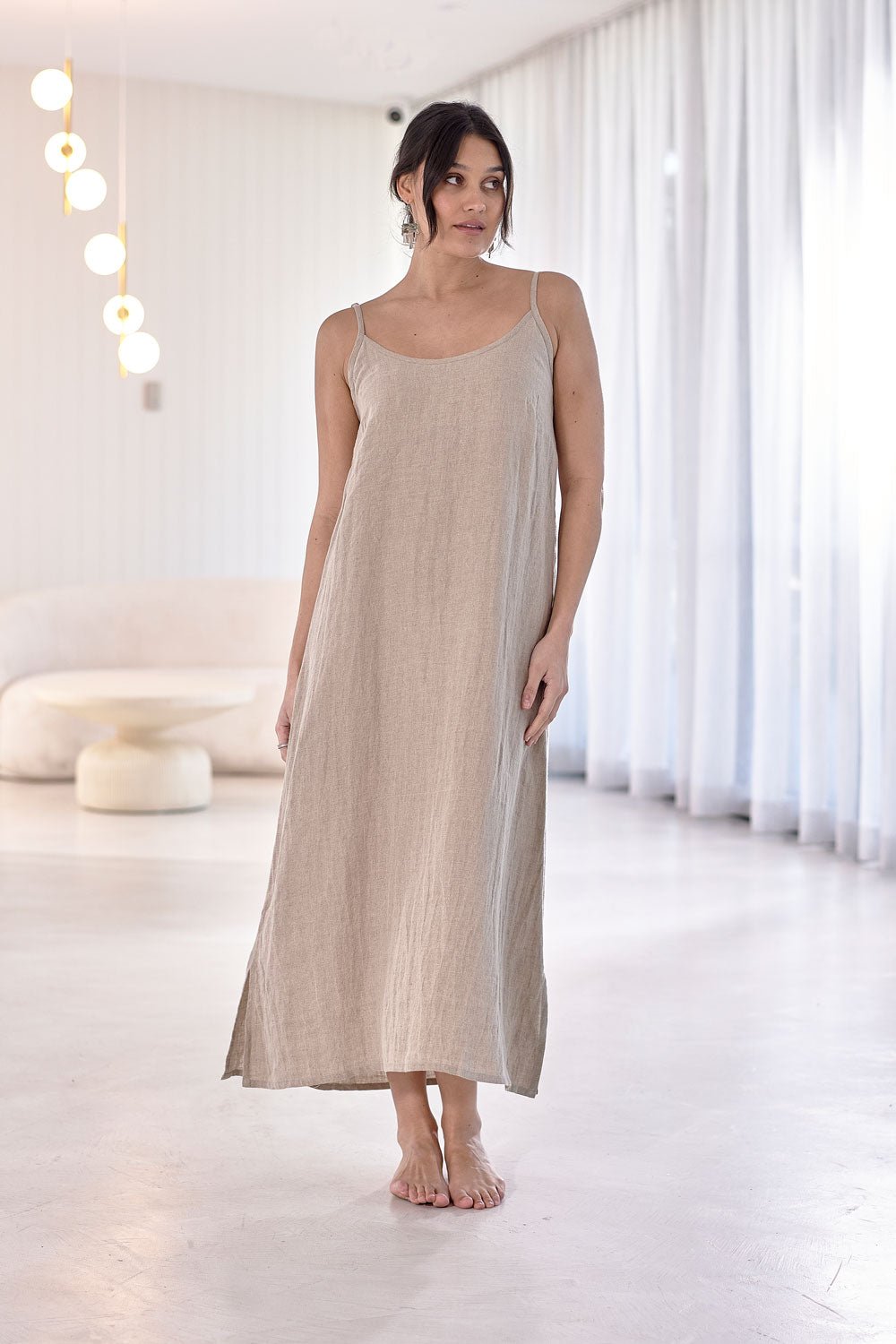 Midi Linen Slip Dress - Natural  - Eadie Lifestyle
