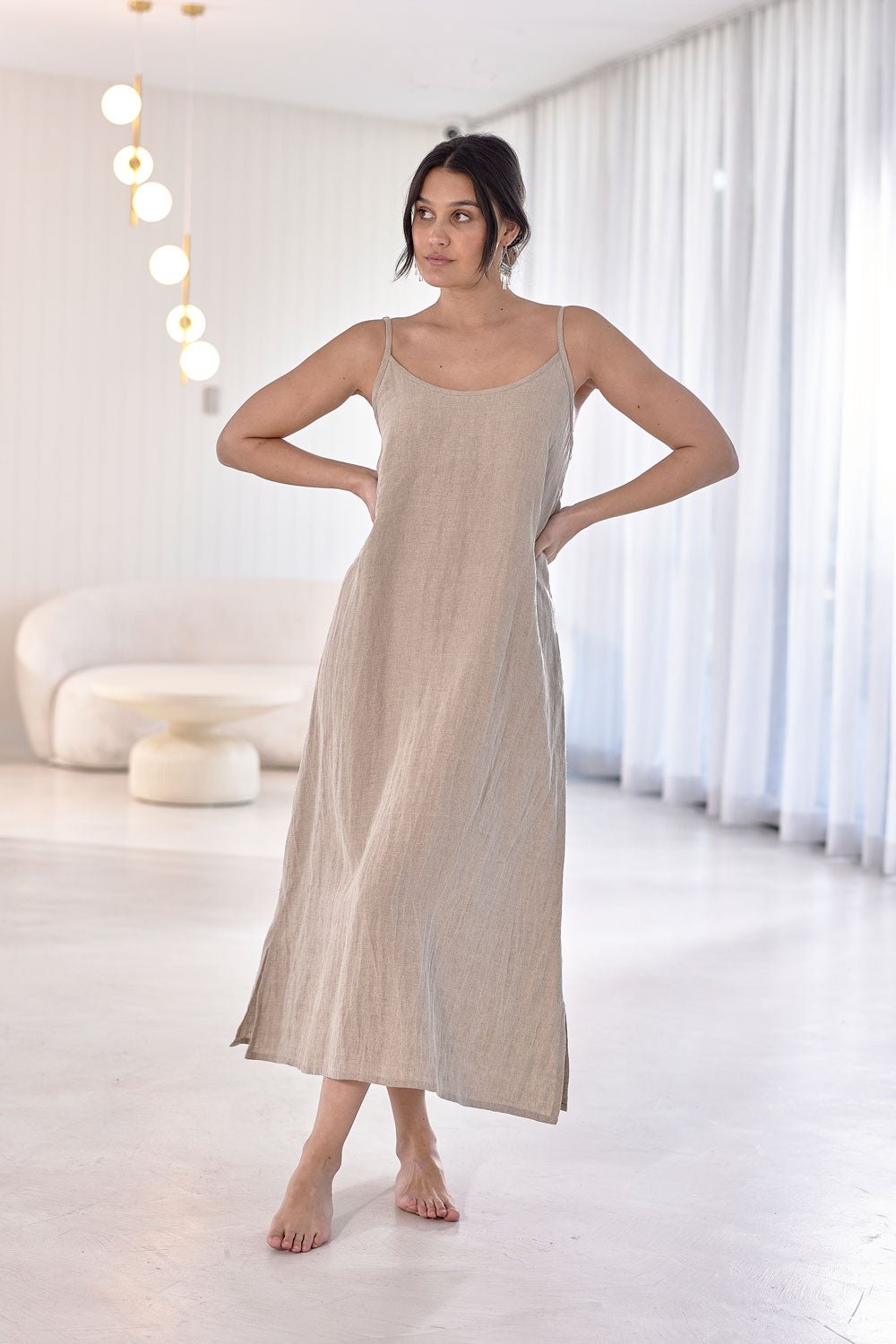 Midi Linen Slip Dress - Natural  - Eadie Lifestyle