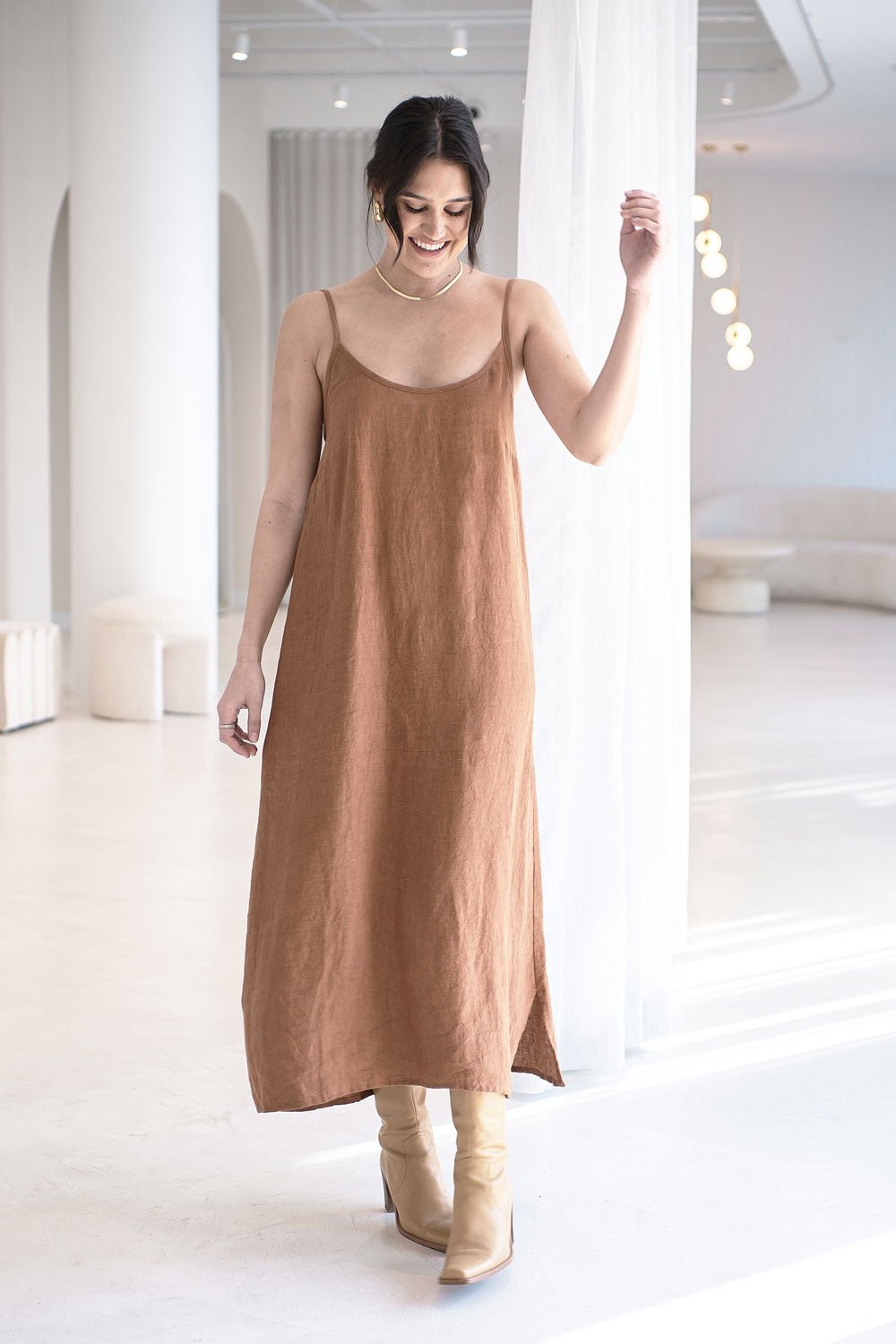 Midi Linen Slip Dress - Nutmeg - Eadie Lifestyle