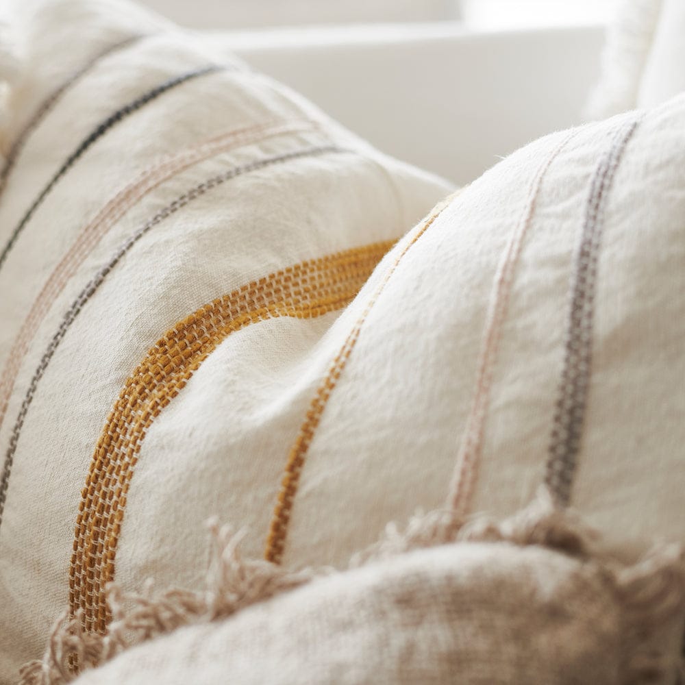 Moro Linen Cushion - White with Multicoloured Stitching - Eadie Lifestyle