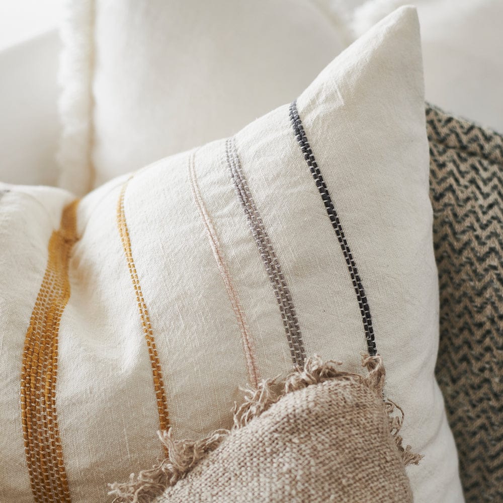 Moro Linen Cushion - White with Multicoloured Stitching - Eadie Lifestyle