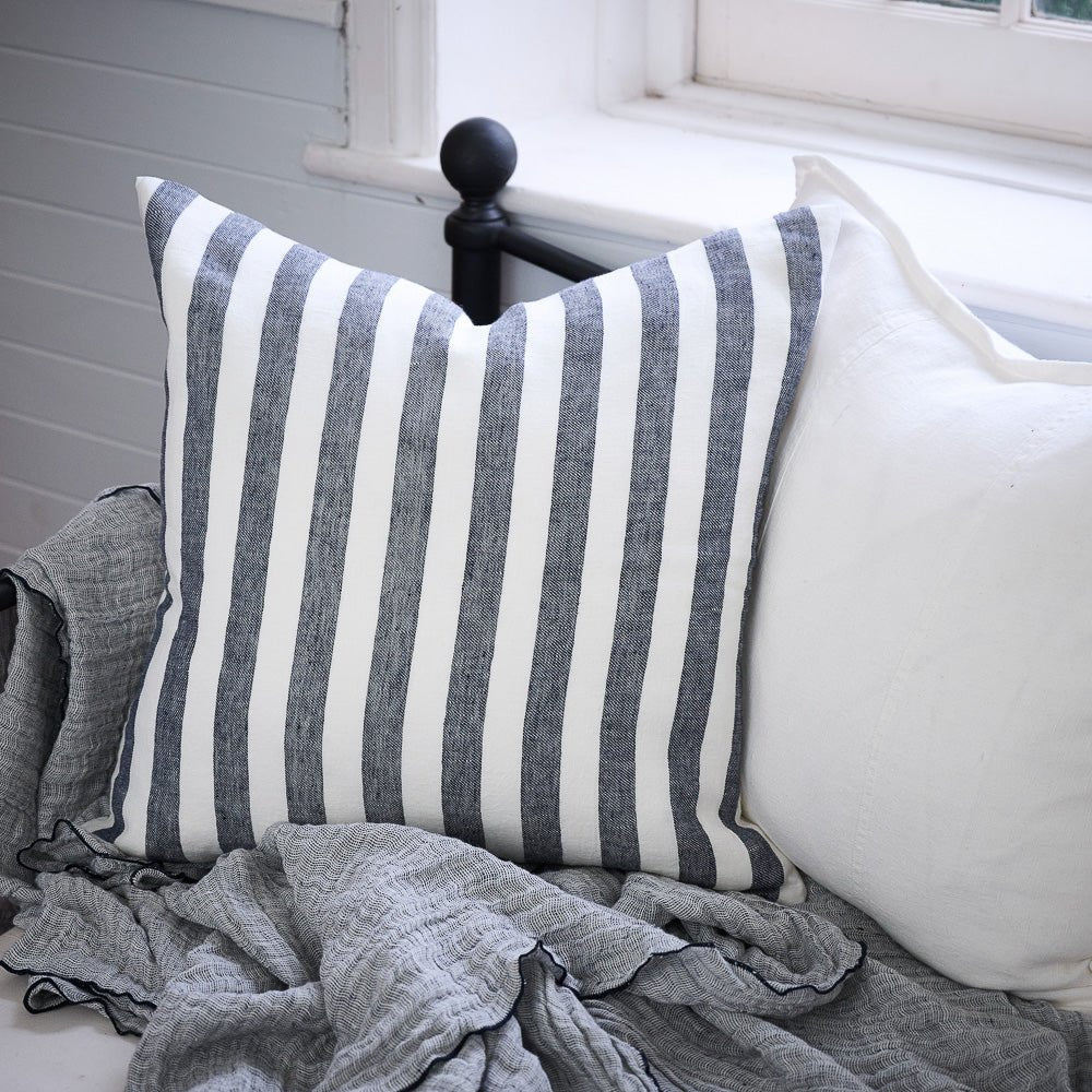 Santi Linen Cushion - White/Navy Stripe - Eadie Lifestyle