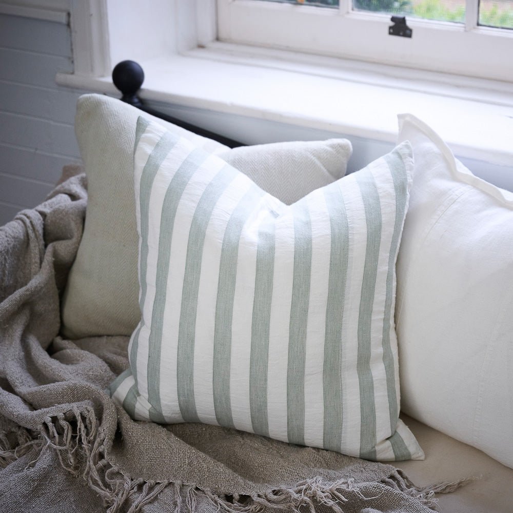 Santi Linen Cushion - White/Pistachio Stripe  - Eadie Lifestyle