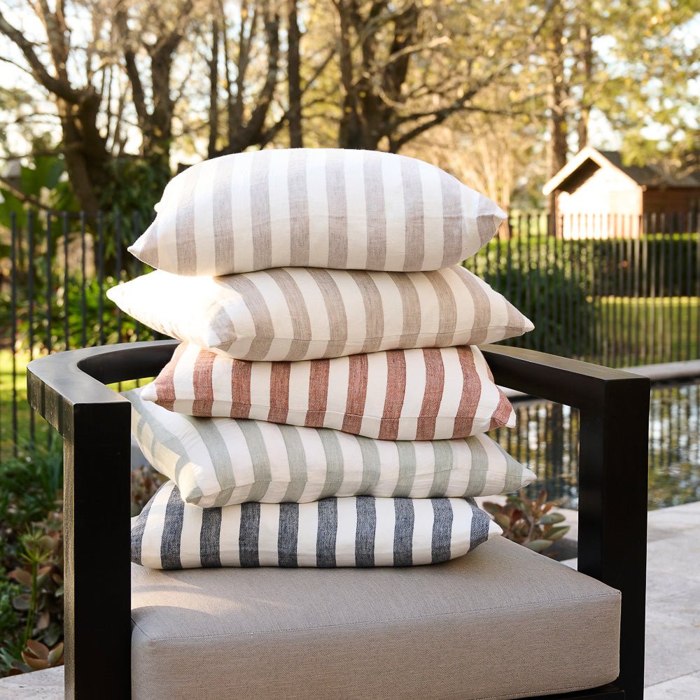 Santi Outdoor Linen Cushion - White/Natural Stripe  - Eadie Lifestyle