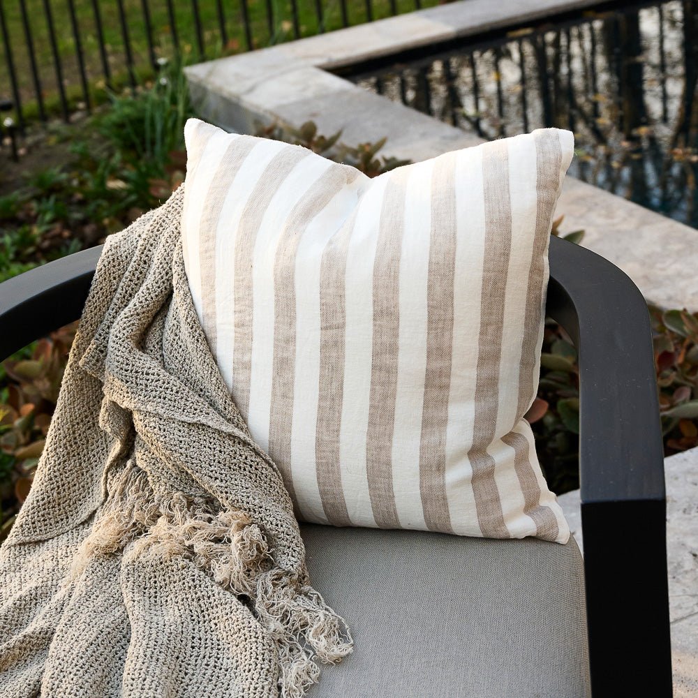 White Striped Outdoor Linen Cushion
