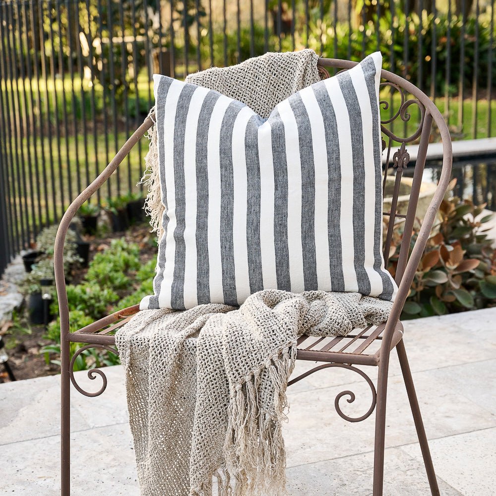 Santi Outdoor Linen Cushion - White/Navy Stripe - Eadie Lifestyle
