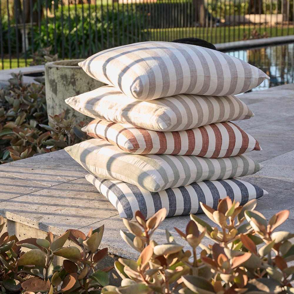 Santi Outdoor Linen Cushion - White/Nutmeg Stripe  - Eadie Lifestyle