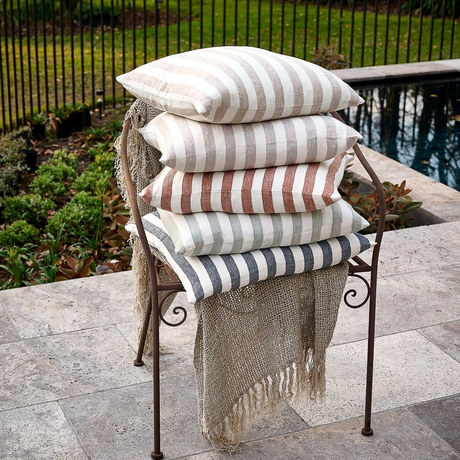 Santi Outdoor Linen Cushion - White/Nutmeg Stripe  - Eadie Lifestyle