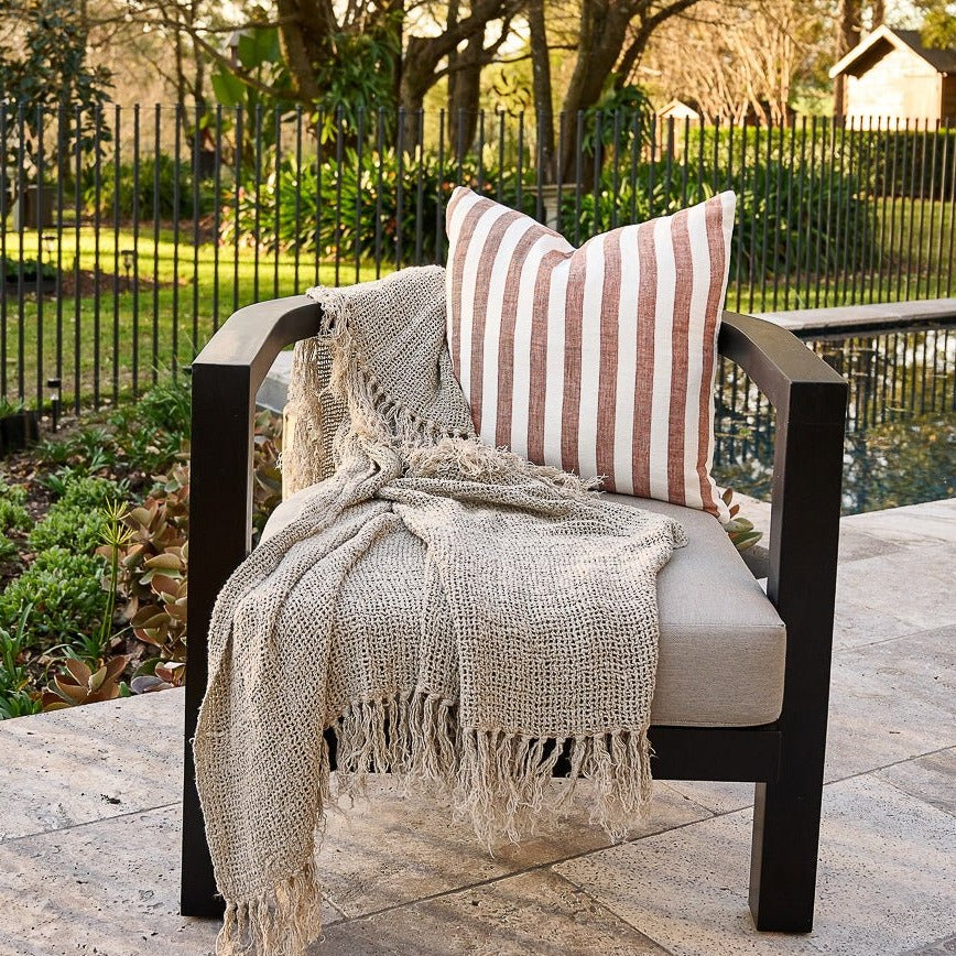 Santi Outdoor Linen Cushion - White/Nutmeg Stripe  - Eadie Lifestyle