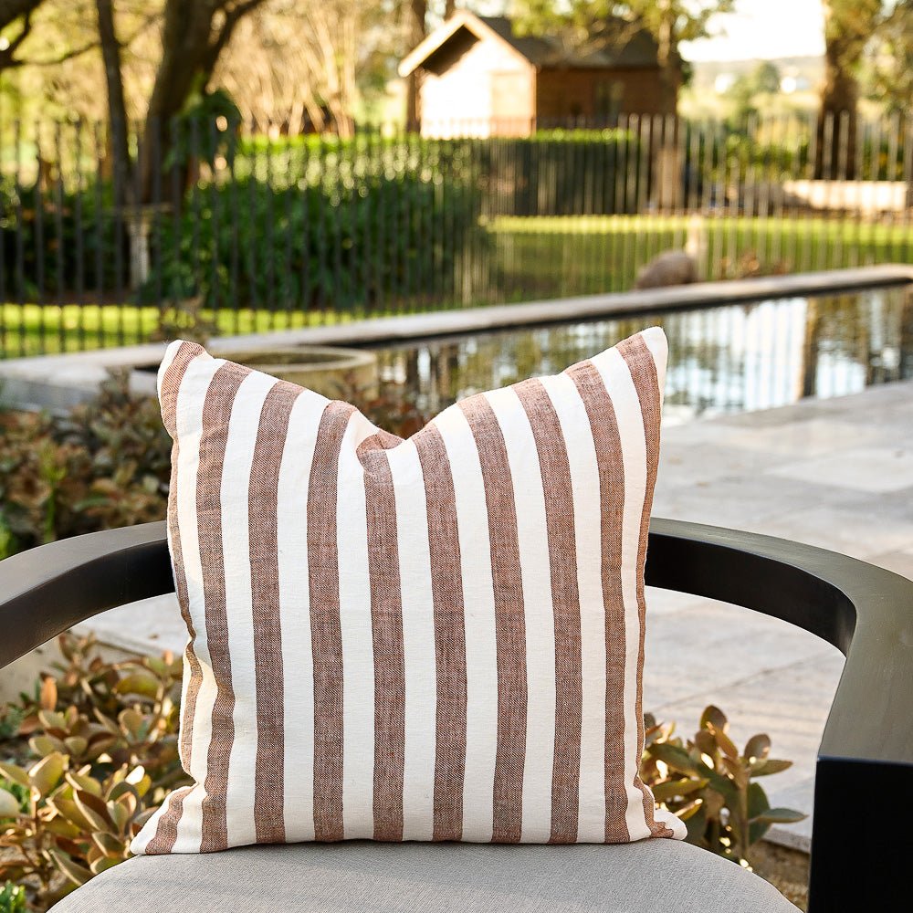 Santi Outdoor Linen Cushion - White/Nutmeg Stripe  - Eadie Lifestyle