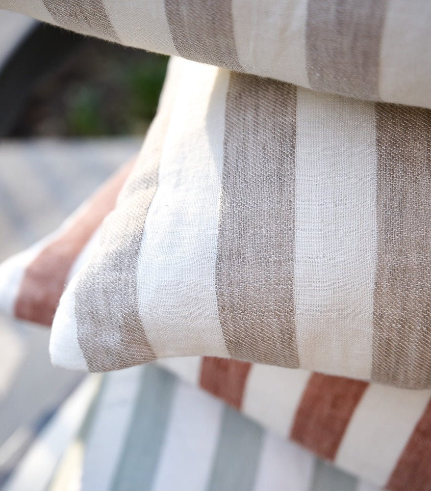 Santi Outdoor Linen Cushion - White/Pistachio Stripe  - Eadie Lifestyle