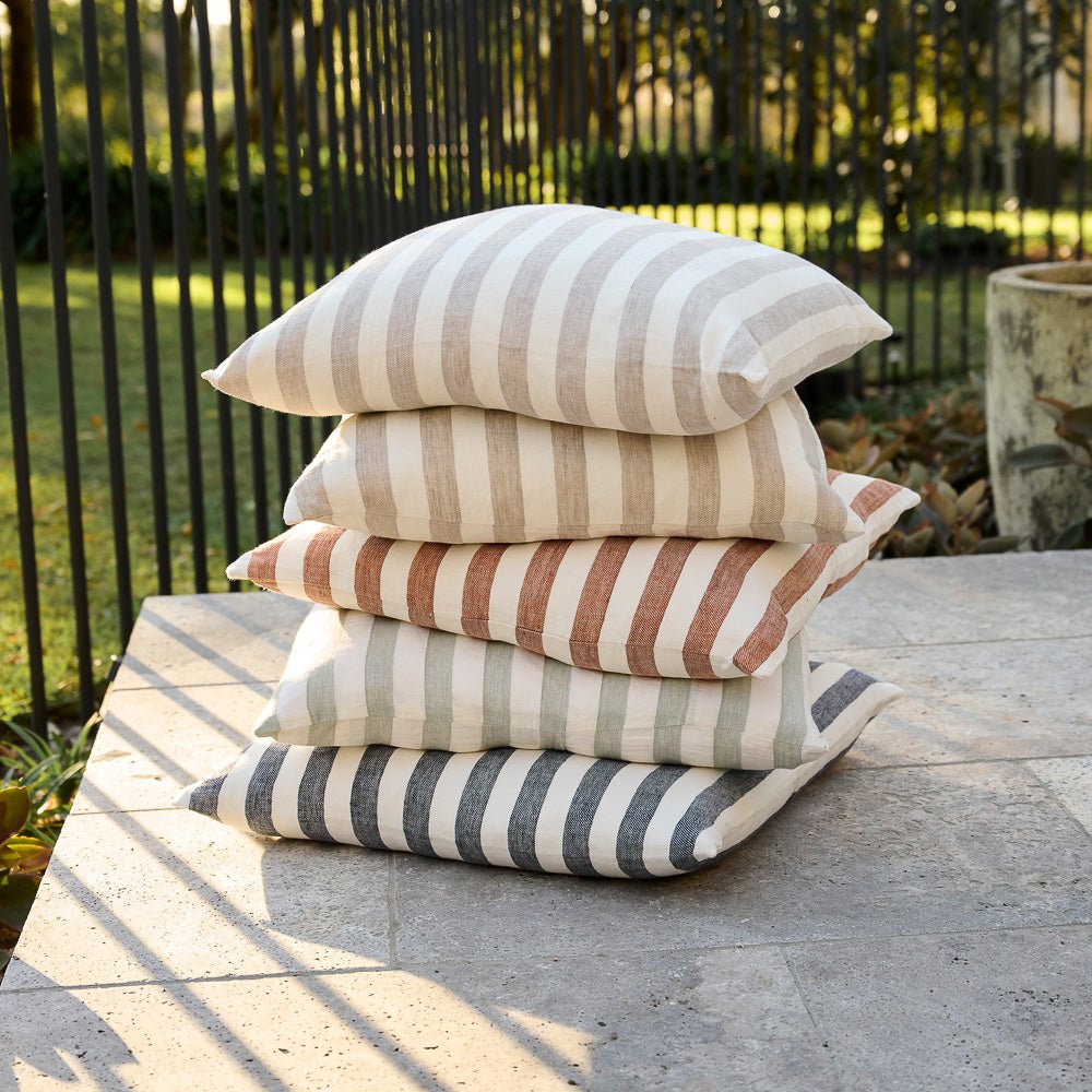Santi Outdoor Linen Cushion - White/Pistachio Stripe  - Eadie Lifestyle