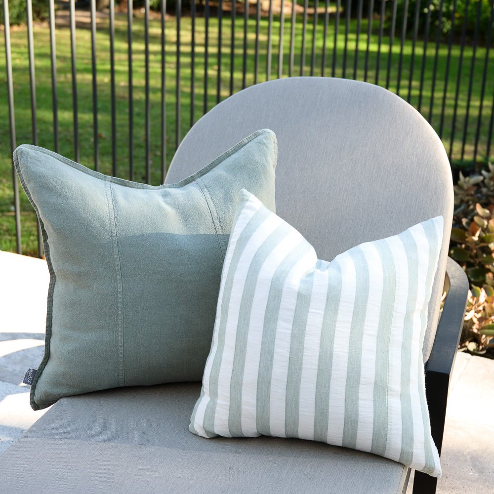 Santi Outdoor Linen Cushion - White/Pistachio Stripe  - Eadie Lifestyle