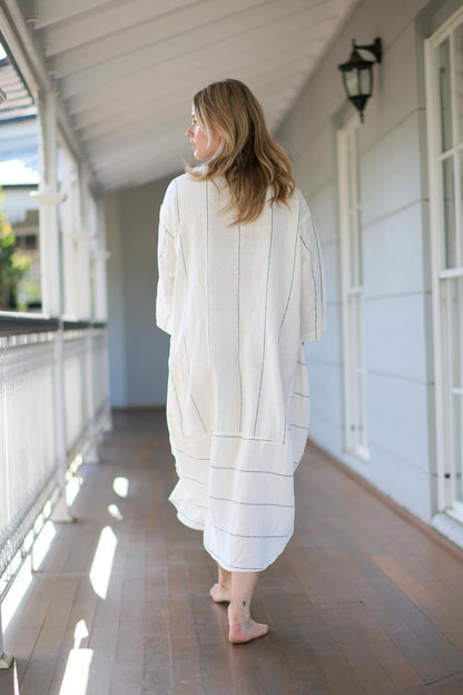 The Carter Malle Linen Dress - Off White w/ Charcoal Fine Stripe - Eadie Lifestyle