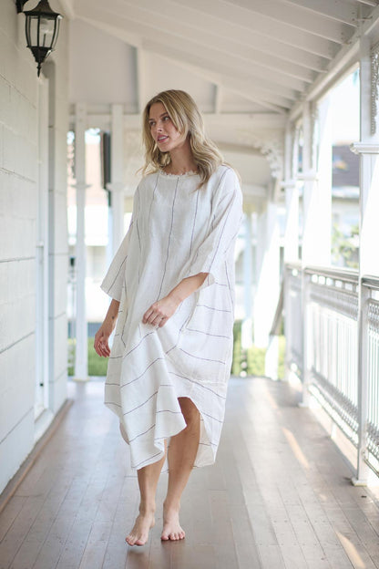 The Carter Malle Linen Dress - Off White w/ Charcoal Fine Stripe - Eadie Lifestyle