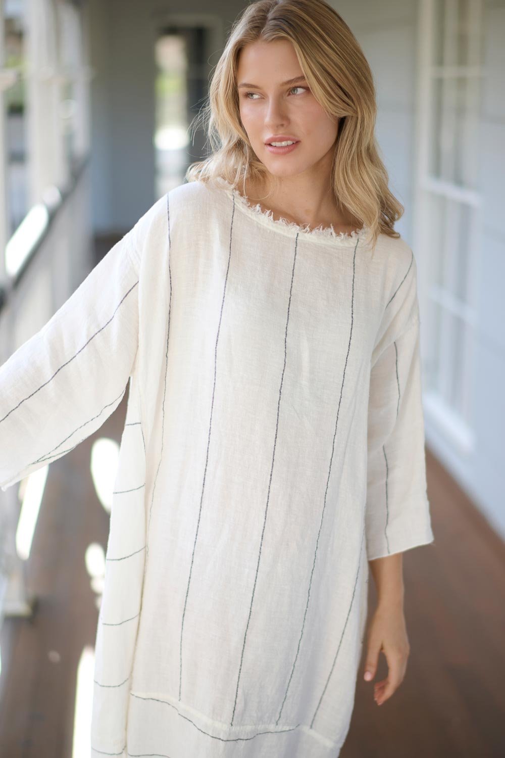 The Carter Malle Linen Dress - Off White w/ Charcoal Fine Stripe - Eadie Lifestyle