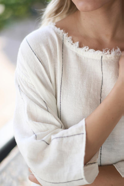 The Carter Malle Linen Dress - Off White w/ Charcoal Fine Stripe - Eadie Lifestyle