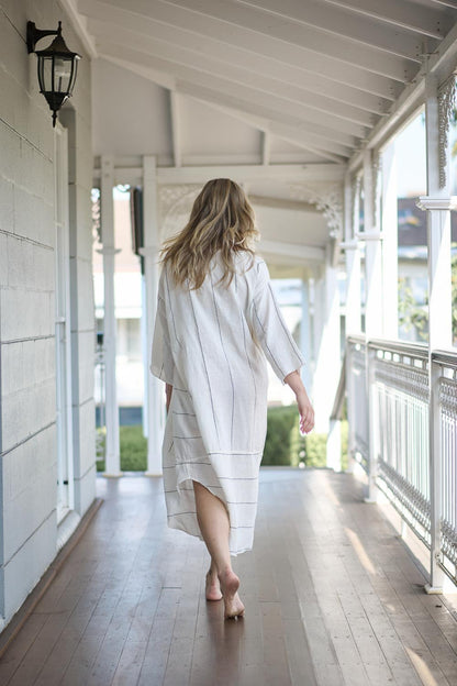 The Carter Malle Linen Dress - Off White w/ Charcoal Fine Stripe - Eadie Lifestyle
