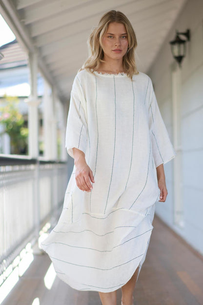 The Carter Malle Linen Dress - Off White w/ Charcoal Fine Stripe - Eadie Lifestyle