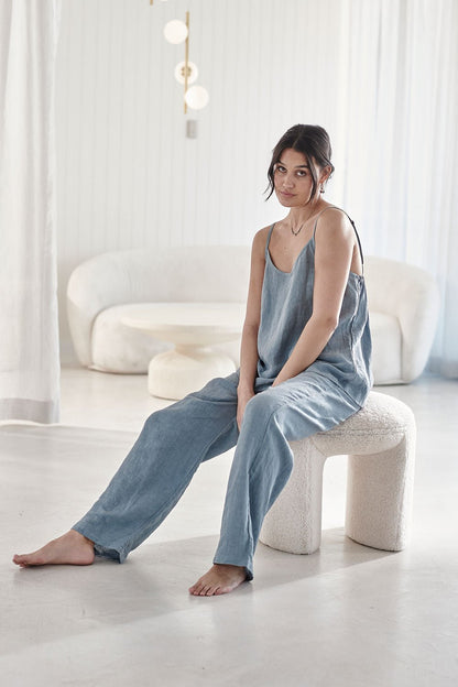 Wide Leg Linen Pant - Blue - Eadie Lifestyle