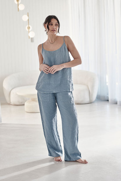 Wide Leg Linen Pant - Blue - Eadie Lifestyle