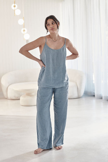 Wide Leg Linen Pant - Blue - Eadie Lifestyle